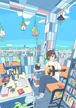 1girl acoustic_guitar akabane_1999 balcony bench blue_eyes blue_pants blue_sky book bookshelf bottle box broom brown_hair can cardboard_box citronella city closed_mouth cloud commentary_request controller drink_can eraser frown guitar guitar_stand handheld_game_console hanging_plant highres hourglass instrument music on_bench open_book original pants pen plant playing_guitar playing_instrument potted_plant railing remote_control ruler scenery scissors shelf shirt shoes short_hair sitting sky slice_of_life sneakers spray_bottle t-shirt table tape tile_floor tiles tissue_box trash_can white_shirt white_shoes