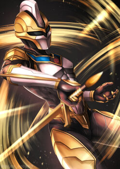 Rule 34 | 1boy, absolute titan, alien, arm blade, armor, breastplate, commentary request, full armor, gold armor, gold helmet, gold trim, highres, holding, holding sword, holding weapon, horns, huge horns, knight, long sword, male focus, pauldrons, piaceen3870, shoulder armor, sword, tokusatsu, ultra galaxy (series), ultra galaxy fight: the destined crossroad, ultra series, weapon