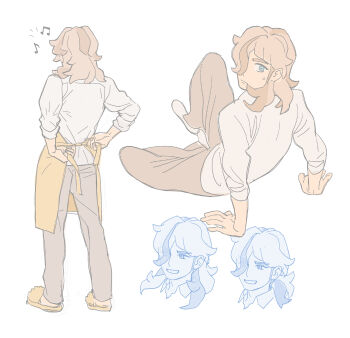 1boy absurdres alternate_hairstyle apron arm_support arms_behind_back arven_(pokemon) blue_eyes brown_pants closed_mouth commentary_request doodle_inset from_above from_behind hair_over_one_eye highres long_hair looking_at_viewer male_focus musical_note nintendo pants pokemon pokemon_sv sanmarino016 shirt sketch solo sweat three-quarter_sleeves tying_apron white_background white_shirt yellow_apron