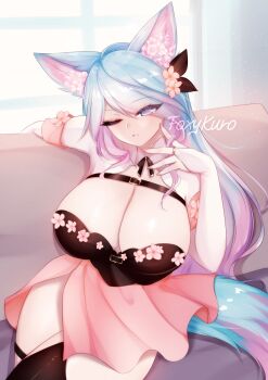 1girl asymmetrical_legwear black_thighhighs blue_hair breasts bridal_gauntlets cleavage flower foxykuro gradient_hair hair_flower hair_ornament highres indie_virtual_youtuber large_breasts mismatched_legwear multicolored_hair one_eye_closed pink_flower pink_hair pink_skirt purple_eyes silvervale skirt solo tail thighhighs virtual_youtuber white_thighhighs wolf_tail