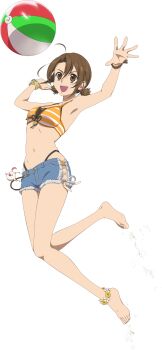 Rule 34 | anklet, armpits, ball, barefoot, beachball, bikini, bikini bottom under shorts, bikini top only, bikini under clothes, bracelet, brown eyes, brown hair, cross-laced bra, cross-laced clothes, denim, denim shorts, diagonal-striped bikini, diagonal-striped clothes, flower, flower anklet, flower bracelet, game cg, hair tie, highres, hood, hoodie, jacket, jewelry, jumping, looking at object, navel, norma beatty, norma beatty (summer), official alternate costume, official alternate hairstyle, official art, orange bikini, orange sandals, sand, sandals, short hair, short shorts, shorts, smile, striped bikini, striped clothes, sunflower, swimsuit, tales of (series), tales of asteria, tales of legendia, transparent background, very short hair