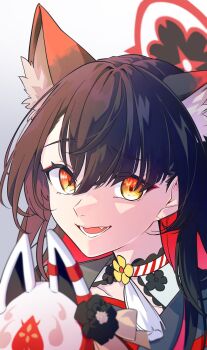 1girl animal_ear_fluff animal_ears black_hair blue_archive colored_inner_hair eyeshadow fang fox_ears fox_girl fox_mask halo highres holding holding_mask kashikaze looking_at_viewer makeup mask multicolored_hair open_mouth wakamo_(blue_archive) white_background yellow_eyes