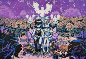 2boys antenna_hair asymmetrical_legwear basil_(headspace)_(omori) basil_(omori) black_eyes black_hair black_socks black_tank_top blue_overalls book book_on_lap closed_eyes closed_mouth collarbone collared_shirt colored_skin flower ggneverover green_shirt head_wreath kneehighs male_focus multiple_boys omori omori_(omori) on_tree_stump open_book outdoors overall_shorts overalls picnic_basket purple_sky shirt short_hair single_kneehigh single_sock sitting sky socks sprout_mole sunflower tank_top white_skin white_socks