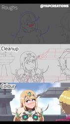1boy 1girl animated blonde_hair breasts cleavage_cutout clothing_cutout highres large_breasts meme mythra_(xenoblade) shulk_(xenoblade) sound tagme third-party_edit unfinished video yapcreations