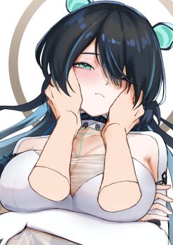 1girl animal_ears black_hair blue_eyes blue_hair breasts closed_mouth crossed_arms disembodied_hand erina_makina halo hands_on_another's_cheeks hands_on_another's_face highres kuchi_aka long_hair multicolored_hair phase_connect see-through_cleavage see-through_clothes streaked_hair tiger_ears tiger_girl upper_body virtual_youtuber