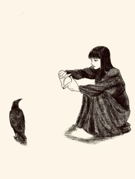 1girl animal bird black_dress black_hair brown_theme crow dress finger_frame greyscale highres long_hair looking_at_animal looking_to_the_side monochrome original solo tp_p_pt white_background