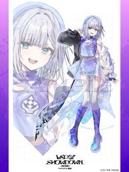 1girl aqua_eyes boots commentary_request fingerless_gloves full_body gloves grey_hair hand_up highres kaga_sumire knee_boots looking_at_viewer midriff mole mole_under_eye navel official_art open_mouth purple_boots purple_gloves sample_watermark second-party_source see-through_clothes see-through_sleeves short_hair single_glove smile solo teeth virtual_youtuber vspo! vspo!_showdown wata_(attaka_towel) watermark zoom_layer