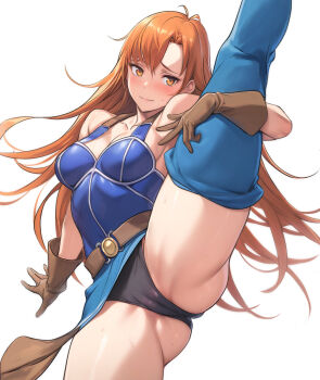1girl ai-assisted akira_(coffee_curry) armor black_panties blue_armor blue_loincloth blue_thighhighs blush breastplate breasts cameltoe commentary_request daisy_(dq) dragon_quest dragon_quest_yuusha_abel_densetsu gloves highres long_hair medium_breasts orange_eyes orange_hair panties simple_background solo split standing standing_on_one_leg standing_split thighhighs underwear white_background