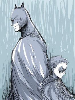 2boys animal_ears back-to-back batman batman_(series) brothers cape cowl damian_wayne dc_comics dick_grayson domino_mask eye_mask family male_focus mask multiple_boys robin_(dc) short_hair siblings zatou_(sanzatou)