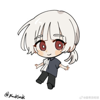 1boy asymmetrical_shirt black_pants black_shoes blackseek blue_shirt chibi chinese_commentary collared_shirt commentary_request full_body legs_apart looking_at_viewer low_ponytail male_focus outstretched_arms pants polo_shirt ponytail red_eyes saihate_eki shirt shoes short_hair short_sleeves simple_background smile solo spread_arms tatsunami_shion white_background white_hair