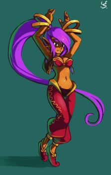 Rule 34 | 1girl, arabian clothes, armpits, arms up, bad deviantart id, bad id, bandeau, bangle, bracelet, breasts, choker, dark-skinned female, dark skin, earrings, female focus, full body, green background, harem pants, high ponytail, hoop earrings, jewelry, joakim sandberg, long hair, lots of jewelry, midriff, open clothes, open vest, pants, pointy ears, pointy shoes, ponytail, purple eyes, purple hair, shantae, shantae (series), shoes, smile, solo, tiara, very long hair, vest, wayforward