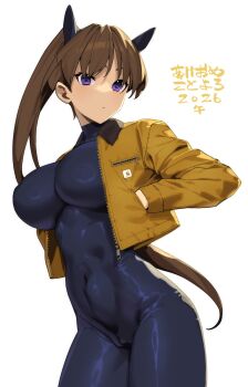 1girl 2026 animal_ears blue_bodysuit bodysuit breasts character_request commentary_request copyright_request covered_navel hand_in_pocket highres horse_ears jacket kanjy00u large_breasts long_hair looking_at_viewer ponytail purple_eyes simple_background solo translation_request white_background yellow_jacket