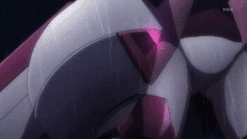 10s 1girl animated animated_gif anime_screenshot bodysuit breasts cleavage english_text engrish_text explosion female_focus gatling_gun gun headdress huge_weapon itano_circus long_hair lowres missile purple_eyes purple_hair ranguage senki_zesshou_symphogear solo weapon yukine_chris