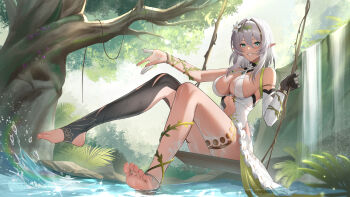 1girl absurdres anklet bare_shoulders barefoot black_gloves black_thighhighs bracelet branch breasts brown_hair cleavage commentary_request criss-cross_halter dark-skinned_female dark_skin dress elbow_gloves elf feet flower forest full_body gloves gold_thighlet green_eyes grey_hair hair_between_eyes hair_flower hair_intakes hair_ornament halterneck highres jewelry knees_up large_breasts last_popsicle leaf_hair_ornament legs looking_ahead multicolored_hair nature nita_(snowbreak) nita_-_pulse_(sylvan_spirit) official_alternate_costume official_alternate_hairstyle on_swing plant pointy_ears pond short_hair_with_long_locks sidelocks single_elbow_glove single_thighhigh sitting smile snowbreak:_containment_zone soaking_feet soles solo splashing stirrup_legwear streaked_hair swing thighhighs thighlet toeless_legwear toes tree vines water wet white_dress white_hair