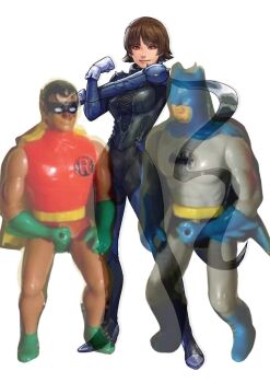 1girl 2boys action_figure batman batman_(series) black_bodysuit bodysuit brown_hair cirenk dc_comics gloves highres leotard looking_at_viewer multiple_boys niijima_makoto persona persona_5 photo_(medium) red_eyes robin_(dc) short_hair smile transparent white_background you