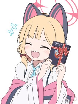 Rule 34 | +++, 1girl, :d, absurdres, animal ear headphones, animal ears, aqua necktie, artist logo, blonde hair, blue archive, blush, bow, box, cat ear headphones, cat ears, closed eyes, collared shirt, commentary request, fake animal ears, hair bow, halo, headphones, highres, holding, holding box, hood, hood down, hooded jacket, jacket, logo, long sleeves, low-tied sidelocks, medium hair, momoi (blue archive), mugisepa, necktie, off shoulder, open mouth, pink halo, pink jacket, red bow, shirt, sidelocks, simple background, smile, solo, suspenders, teeth, upper body, upper teeth only, v-shaped eyebrows, white background, white jacket, white shirt, wide sleeves