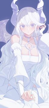 1girl bare_shoulders blue_background breasts cleavage commentary_request cowboy_shot demon_horns demon_tail dress duel_monster grey_eyes grey_hair heichi highres horns lady_labrynth_of_the_silver_castle large_breasts long_hair lovely_labrynth_of_the_silver_castle official_alternate_costume pointy_ears simple_background solo tail white_dress yu-gi-oh!
