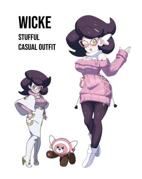 1girl absurdres alternate_costume animal_ears bare_shoulders big_hair breasts fake_animal_ears gen_7_pokemon glasses green_eyes hairband hand_on_own_hip hand_up high_heels highres large_breasts long_sleeves nintendo off-shoulder_sweater off_shoulder one_eye_closed open_mouth pantyhose pink-framed_eyewear pink_sweater pokemon pokemon_sm purple_hair purple_pantyhose rhymewithray ribbed_sweater short_hair sleeveless smile stufful sweater turtleneck white_footwear white_hairband wicke_(pokemon)