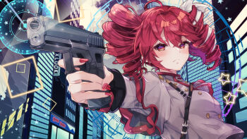 Rule 34 | 1girl, aiming, bow, buttons, circle, city lights, closed mouth, commentary request, commission, double-breasted, drill hair, frown, grey jacket, gun, h&amp;k usp, handgun, holding, holding gun, holding weapon, jacket, kasane teto, kasane teto (sv), red eyes, red hair, red nails, shoulder belt, skeb commission, solo, square, star (symbol), twin drills, utau, v-shaped eyebrows, weapon, white bow, yellow star, yudoufu (littleplus)