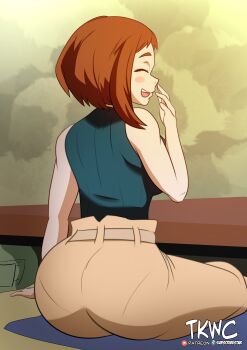 Rule 34 | 1girl, absurdres, artist name, ass, ass focus, bare shoulders, blush stickers, boku no hero academia, brown hair, closed eyes, female focus, highres, open mouth, patreon logo, patreon username, sidelocks, sitting, sleeveless, smile, solo, subscribestar logo, subscribestar username, teeth, upper teeth only, uraraka ochako
