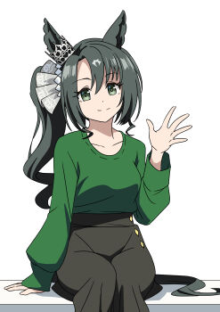 1girl absurdres animal_ears baasaku_(balasaku24) black_hair breasts closed_mouth collarbone ear_ornament ear_through_crown ears_through_headwear green_eyes green_shirt grey_pants highres horse_ears horse_girl horse_tail long_hair long_sleeves looking_at_viewer medium_breasts multicolored_hair pants satono_crown_(umamusume) shirt side_ponytail simple_background sitting smile solo streaked_hair tail umamusume waving white_background white_hair