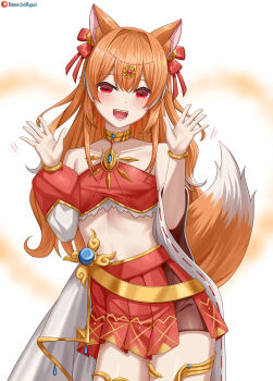 Rule 34 | 1girl, :d, absurdres, animal ear fluff, animal ears, bandeau, bare shoulders, bow, bracelet, breasts, brown hair, choker, collarbone, cowboy shot, crop top, detached sleeves, fox ears, fox girl, fox tail, gold trim, hair bow, hair ornament, hands up, highres, jewelry, long hair, long sleeves, looking at viewer, lori hagami, midriff, miniskirt, multicolored hair, navel, neck ring, open mouth, orange hair, original, pleated skirt, red eyes, red skirt, simple background, skirt, smile, solo, standing, stomach, strapless, tail, thighs, tube top, very long hair, virtual youtuber, white background, white hair, white sleeves, wide sleeves