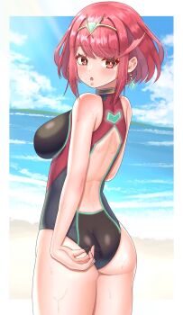 1girl ass beach black_one-piece_swimsuit breasts commentary cowboy_shot earrings from_behind highres jewelry large_breasts looking_at_viewer looking_back meipasuye ocean one-piece_swimsuit pyra_(pro_swimmer)_(xenoblade) pyra_(xenoblade) red_eyes red_hair sand short_hair solo swimsuit tiara water xenoblade_chronicles_(series) xenoblade_chronicles_2
