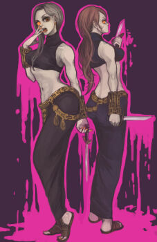 2girls belt blonde_hair breasts brown_hair celia dagger dress earrings final_fantasy final_fantasy_tactics full_body jewelry knife lettie long_hair midriff multiple_girls navel open_mouth orange_eyes piercing pr_(puru) sandals tank_top toes weapon