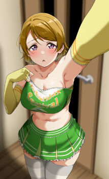 1girl :o arm_up blurry blurry_background breasts brown_hair cheerleader cleavage collarbone gloves green_skirt highres indoors koizumi_hanayo large_breasts love_live! love_live!_school_idol_festival love_live!_school_idol_project midriff miniskirt navel open_mouth purple_eyes short_hair skirt solo stomach strapless takaramonozu thighhighs tube_top white_thighhighs wooden_floor yellow_gloves yopparai_oni zettai_ryouiki