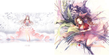 Rule 34 | 1girl, absurdres, aerith gainsborough, barefoot, bouquet, bow, bracelet, breasts, bridal veil, brown hair, bug, butterfly, butterfly hair ornament, choker, cleavage, collarbone, cropped jacket, dated, dress, final fantasy, final fantasy vii, flower, green eyes, grey eyes, hair flower, hair ornament, hair ribbon, happy birthday, highres, insect, jewelry, kieta, layered dress, long dress, long hair, long legs, medium breasts, multiple views, open mouth, pink bow, pink dress, ponytail, ribbon, ribbon choker, short sleeves, smile, solo, veil, very long hair, white dress, wings