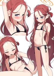 Rule 34 | 1girl, absurdres, armpits, ass, bikini, blue archive, blue eyes, breasts, flat chest, forehead, halo, highres, long hair, micro bikini, multiple views, navel, partially visible vulva, red hair, simple background, small breasts, spread legs, swimsuit, white background, yonketa, yuzu (blue archive)