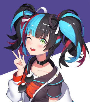 1girl absurdres black_collar black_hair black_sailor_collar black_shirt blue_hair blush breasts collar collarbone commentary_request fate/grand_order fate_(series) female_focus hair_ornament hairclip highres jacket large_breasts lemonpear long_hair long_sleeves looking_at_viewer multicolored_hair one_eye_closed red_hair sailor_collar sei_shounagon_(fate) sei_shounagon_(first_ascension)_(fate) shirt smile solo twintails white_jacket yellow_eyes