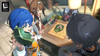 1boy 2girls animal_ears bare_shoulders belle_(delicate_sunlight)_(zenless_zone_zero) belle_(zenless_zone_zero) blue_hair breasts brown_hair china_dress chinese_clothes chinese_commentary commentary_request dress droopy_ears fox_ears fox_girl green_eyes hair_between_eyes hair_intakes hair_ornament hairband highres long_hair multiple_girls official_alternate_costume open_mouth red_eyes short_hair smile white_hairband wise_(soaring_crane)_(zenless_zone_zero) wise_(zenless_zone_zero) ye_shunguang zenless_zone_zero