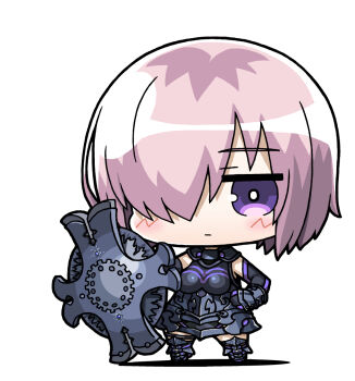 1girl armor black_gloves breasts chibi chibi_only closed_mouth commentary_request elbow_gloves fate/grand_order fate_(series) gloves hair_over_one_eye holding holding_shield looking_at_viewer mash_kyrielight mash_kyrielight_(demi-servant) pink_hair purple_eyes shield short_hair simple_background solo standing white_background yagumo_kengou
