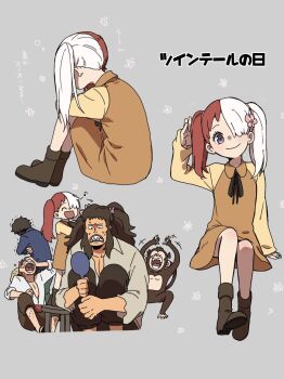 1girl 4boys age_difference aged_down alternate_hairstyle artist_request child disgust father_and_daughter grin hat howling_gab laughing long_hair looking_at_another mature_male monkey monster_(one_piece) multicolored_hair multiple_boys one_piece red_hair sequential shaded_face shanks_(one_piece) simple_background smile smoking straw_hat teeth translation_request twintails two-tone_hair uta_(one_piece) very_long_hair yasopp