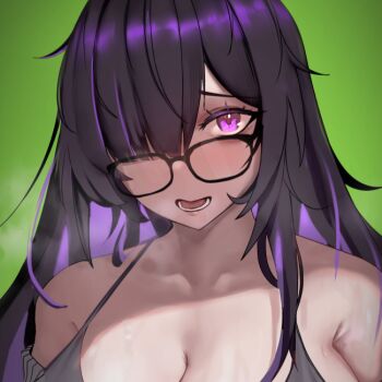 1girl akira_win armpit_crease black-framed_eyewear black_hair blush breasts breath cleavage colored_inner_hair commentary_request glasses goddess_of_victory:_nikke green_background hair_over_one_eye label_(nikke) long_hair looking_at_viewer mojyo multicolored_hair open_mouth purple_eyes purple_hair solo steam sweat two-tone_hair