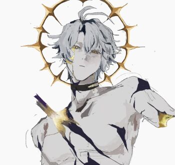 1boy amputee antenna_hair armless_amputee black_choker choker closed_mouth collarbone commentary_request cracked_skin frown gold grey_background grey_hair hair_between_eyes halo halo_behind_head head_tilt highres honkai:_star_rail honkai_(series) looking_at_viewer male_focus narrowed_eyes pectorals phainon_(honkai:_star_rail) simple_background solo spiked_halo upper_body vpmgjdp yellow_eyes
