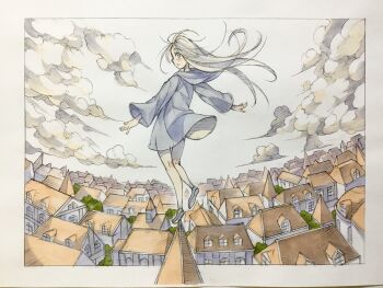 1girl balancing black_eyes blonde_hair blue_dress blue_shoes building closed_mouth cloud commentary dress floating_hair from_behind highres hood hood_down hooded_dress long_hair looking_at_viewer looking_back on_roof original outdoors peter_salt scenery shoes smile solo standing standing_on_one_leg town traditional_media