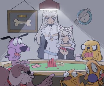 2girls 5boys adventure_time animal_ear_fluff animal_ears blonde_hair bone bread_forbidden card catdog catdog_(catdog) ceiling_light clock collar courage_(character) courage_the_cowardly_dog crossover dog_ears dog_girl dogs_playing_poker donut food fuwawa_abyssgard fuwawa_abyssgard_(1st_costume) gambling hair_ornament highres hololive hololive_english jake_the_dog long_hair mococo_abyssgard mococo_abyssgard_(1st_costume) multicolored_hair multiple_boys multiple_crossover multiple_girls plaque playing_card poker_chip poker_table pon_de_ring siblings sisters spike_(tom_and_jerry) table tom_and_jerry twins virtual_youtuber