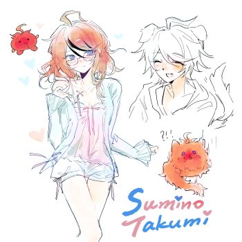!? 1boy 1girl absurdres ahoge animal_ears animalization aqua_jacket babydoll bespectacled black_hair blue_eyes blue_shorts cat character_name cheng_xiao_nu chinese_commentary closed_mouth collarbone commentary_request corset_piercing dog_boy dog_ears dog_tail earrings genderswap genderswap_(mtf) glasses hair_between_eyes heart heart_earrings highres jacket jewelry kemonomimi_mode long_hair long_sleeves multicolored_hair multiple_views open_clothes open_jacket open_mouth pink_babydoll red_hair short_hair shorts sketch smile streaked_hair sumino_takumi tail the_hundred_line_-last_defense_academy- two-tone_hair