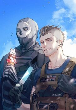 2boys artist_name black_gloves black_jacket black_shirt bulletproof_vest call_of_duty call_of_duty:_modern_warfare_2 cloud day facial_hair food ghost_(modern_warfare_2) gloves highres holding holding_food holding_popsicle ice_cream ice_cream_cone jacket male_focus mask multiple_boys outdoors popsicle shirt short_hair skull_mask sky smile soap_(modern_warfare_2) tintoxtinto