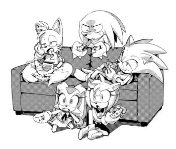 2girls 3boys amy_rose bag_of_chips bent_over child chips_(food) couch cream_the_rabbit dress eating eyelashes food fox hairband hedgehog kiioki11 knuckles_the_echidna long_eyelashes lying medium_hair multiple_boys multiple_girls multiple_tails pants playing_games playing_video_games potato_chips rabbit sega shirt sitting socks sonic_(series) sonic_the_hedgehog tail tails_(sonic) tight_clothes tight_pants tight_shorts two_tails