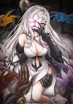 6+girls breasts cleavage drag-on_dragoon drag-on_dragoon_3 eyelashes five_(drag-on_dragoon) flower flower_over_eye four_(drag-on_dragoon) hashtag-only_commentary highres large_breasts long_hair looking_at_viewer mechanical_arms multiple_girls nanaki1992 navel one_(drag-on_dragoon) prosthesis prosthetic_arm red_eyes single_mechanical_arm three_(drag-on_dragoon) two_(drag-on_dragoon) watermark white_hair zero_(drag-on_dragoon)