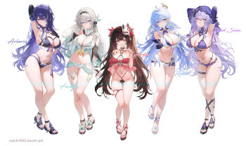 5girls acheron_(honkai:_star_rail) adapted_costume adjusting_hair armpit_crease armpits arms_up bare_legs bare_shoulders beach belt bikini black_swan_(honkai:_star_rail) blush breast_rest breasts character_name cleavage closed_mouth commentary_request facing_viewer firefly_(honkai:_star_rail) full_body green_eyes grey_hair hair_ornament halo hand_in_own_hair hand_up hands_up high_heel_sandals highres honkai:_star_rail honkai_(series) huge_breasts large_breasts legs long_hair looking_at_viewer machi_(machi0910) multiple_girls nail_polish navel outdoors parted_lips purple_bikini purple_eyes purple_hair purple_nails red_bikini red_nails revealing_clothes robin_(honkai:_star_rail) sandals bad_tag shiny_skin simple_background skindentation smile sparkle_(honkai:_star_rail) stomach swimsuit thick_thighs thigh_belt thigh_strap thighs toenail_polish toenails toes very_long_hair white_background white_bikini yellow_eyes