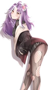 1girl absurdres ahoge black_dress black_jacket dress eye_print fang grey_eyes hand_in_pocket highres jacket jared_(michi_mochievee) looking_at_viewer michi_mochievee michi_mochievee_(1st_costume) multicolored_hair pantyhose popcornflakes purple_hair skin_fang smile stitched_face stitches streaked_hair torn_clothes torn_pantyhose virtual_youtuber vshojo white_background white_hair