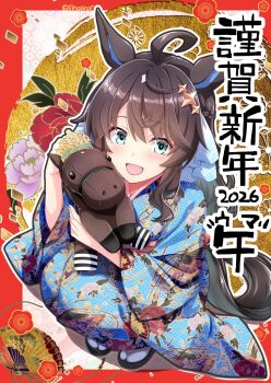 1girl ahoge animal_ears blue_eyes blue_kimono blush brown_hair daring_tact_(racehorse) daring_tact_(umamusume) flower folding_fan hair_between_eyes hair_ornament hand_fan highres horse_ears horse_girl horse_tail hugging_doll hugging_object japanese_clothes kimono long_hair long_sleeves looking_at_viewer open_mouth print_kimono sandals shinohara_shinome smile socks solo squatting star_(symbol) star_hair_ornament stuffed_animal stuffed_horse stuffed_toy tail tiara umamusume white_socks