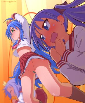 3girls :3 ahoge bandaid bandaid_on_pussy blue_hair blush commentary english_commentary green_eyes highres hiiragi_kagami hiiragi_tsukasa izumi_konata lucky_star mole mole_under_eye multiple_girls neckerchief no_panties pink_neckerchief purple_eyes purple_hair red_sailor_collar ryouou_school_uniform sailor_collar school_uniform serafuku suzuki_(susukidraws) twintails