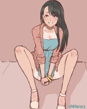 1girl :d aqua_dress bad_id bad_pixiv_id between_legs black_hair bracelet breasts brown_eyes cardigan cleavage collarbone commentary covering_crotch covering_privates dress earrings gold_bracelet gold_earrings grin hand_between_legs hoop_earrings ijiranaide_nagatoro-san jewelry knees_up light_blush long_hair long_sleeves looking_at_viewer m_legs medium_breasts mikihaus multiple_bracelets nagatoro_hayase on_ground one-piece_tan open_mouth own_hands_together pink_background pink_cardigan shoes short_dress sidewalk sitting sketch smile solo spread_legs straight-on tan tanline teasing v_arms white_shoes