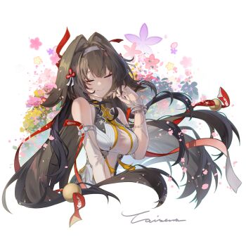 1girl absurdres animal_ear_fluff bare_shoulders breasts brown_hair caisena chinese_commentary closed_eyes closed_mouth commentary_request fingernails floating_hair floral_background hair_flaps hair_intakes hair_ornament hairband hand_up highres large_breasts leotard long_hair signature smile solo white_background white_hairband white_leotard ye_shunguang zenless_zone_zero