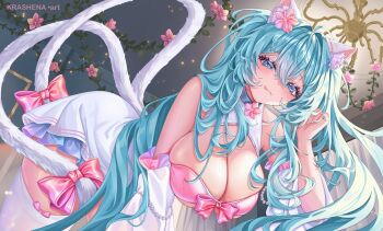 1girl :q ahoge animal_ears artist_name blue_eyes blue_hair bow breasts cat_ears cat_girl cat_tail cleavage commission eyelashes flower hair_intakes highres indie_virtual_youtuber krashena large_breasts long_hair multiple_tails pink_bow pink_flower sakura_kuunya solo tail tail_bow tail_ornament thighhighs tongue tongue_out virtual_youtuber white_thighhighs